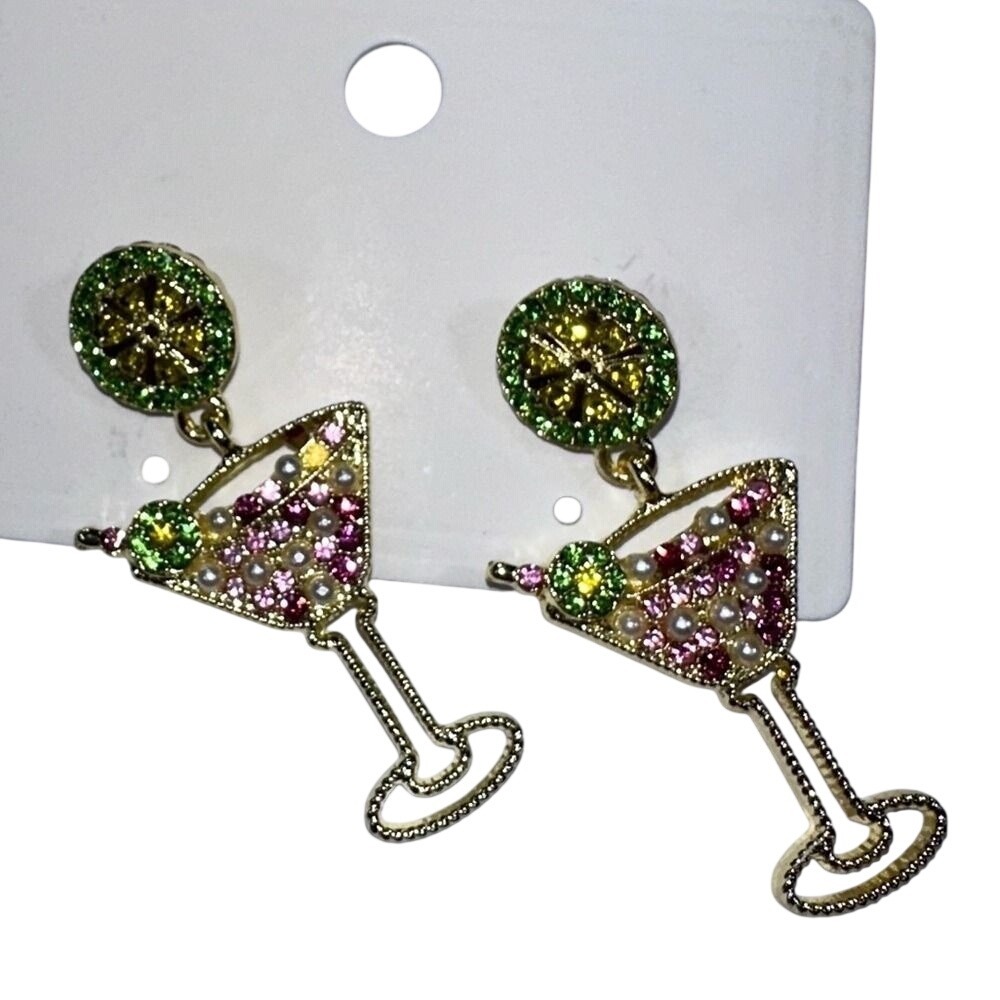 NWT Rhinestone Martini Glass Dangle Earrings Lime Citrus Cocktail Gold Tone